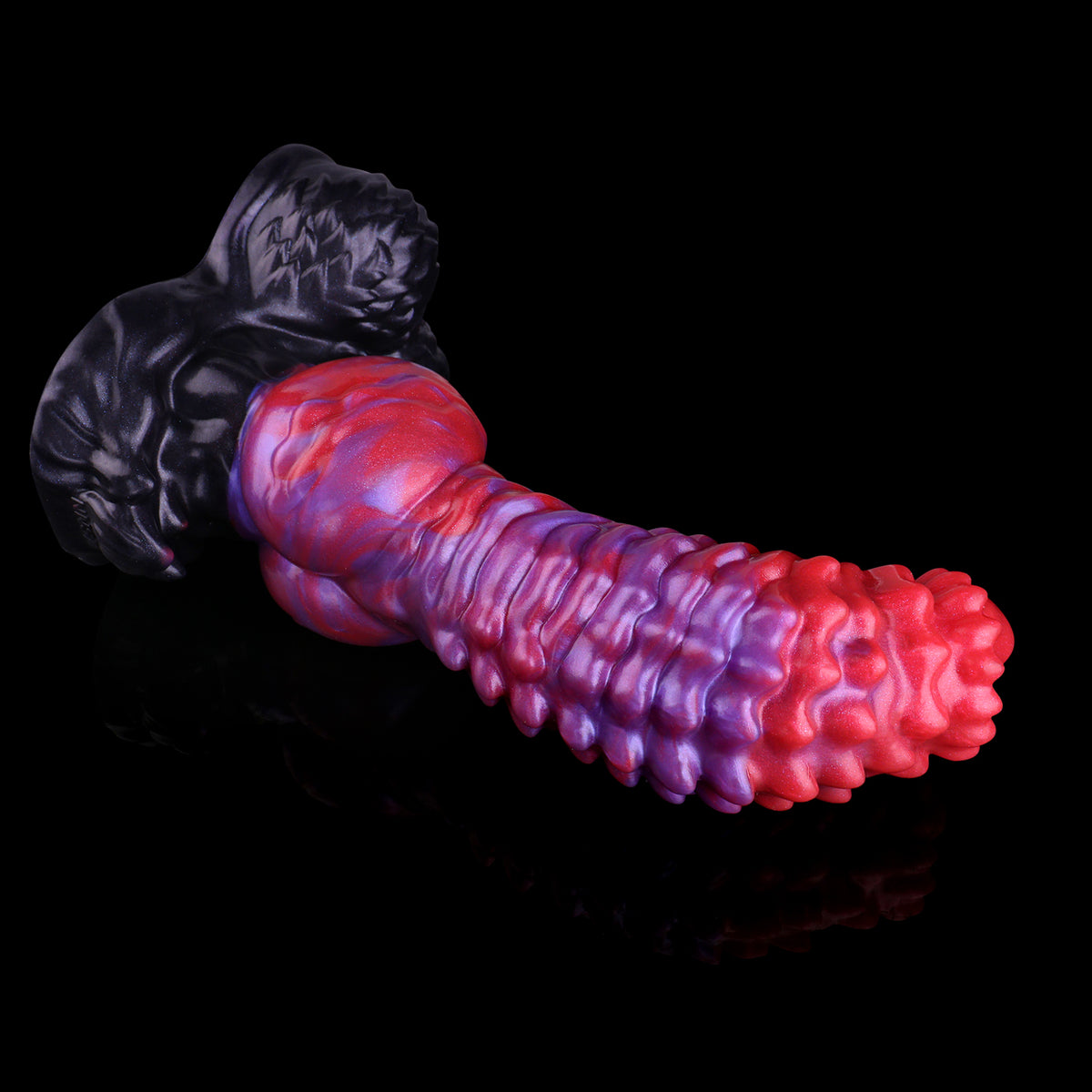 Void Spine — Full-Coverage Textured Fantasy Dog Dildo in Platinum Silicone, Purple-Crimson Pearl Marble, Ringed Spine Shaft & Testicle Suction Base