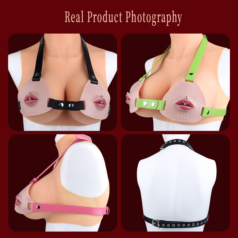 Pierced Lips Silicone Chest Harness — Hyper-Realistic BDSM Toys Body Strap with Removable Lip Studs & Leather Band