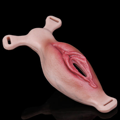 Body-Contour Fake Vagina Strap-On with Spiral Clitoral Stimulator — Platinum Silicone Wearable Vulva Massager with Remote Vibration for Solo & Couples Use