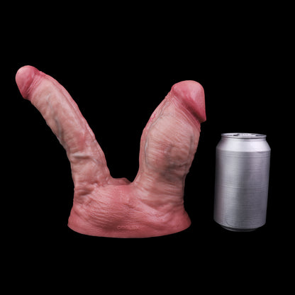 Split-Shaft Double Dildo — Dual-Layer Platinum Silicone Y-Fork Dildo with Short Thick & Long Slim Shafts, Suction Base