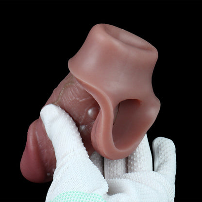 Textured Flesh-Brown Cock Sleeve: Studded Shaft Penis Extender with Bulbous Head & Erection Loop for Couples Play