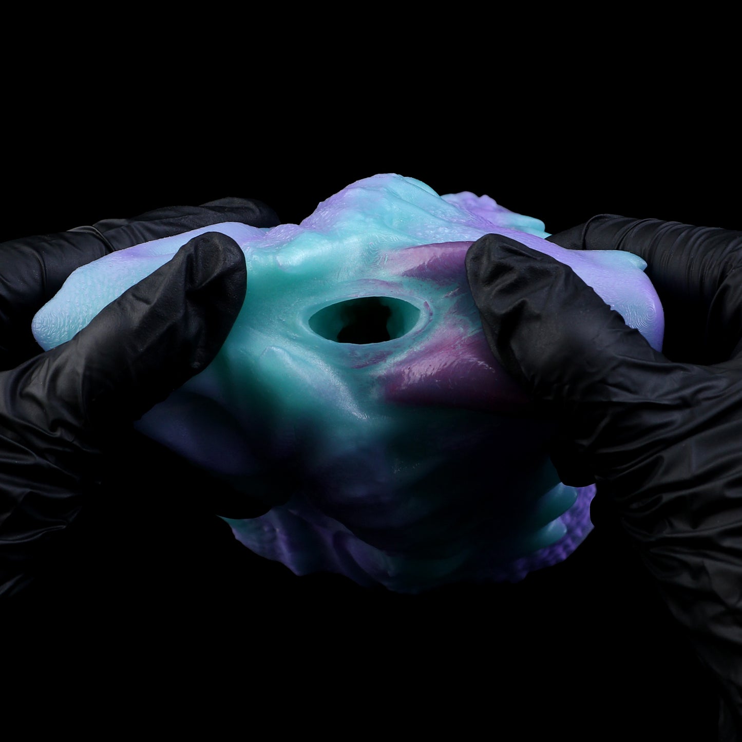 Dragon Mouth Pocket Pussy — Platinum Silicone Fantasy Dragon Masturbator in Teal & Purple with Scale Texture, Horns & Single-Channel Design