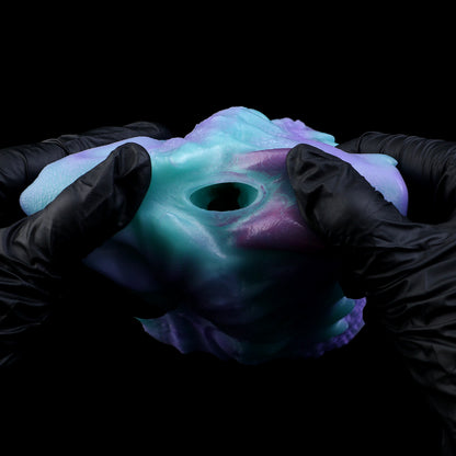 Dragon Mouth Pocket Pussy — Platinum Silicone Fantasy Dragon Masturbator in Teal & Purple with Scale Texture, Horns & Single-Channel Design