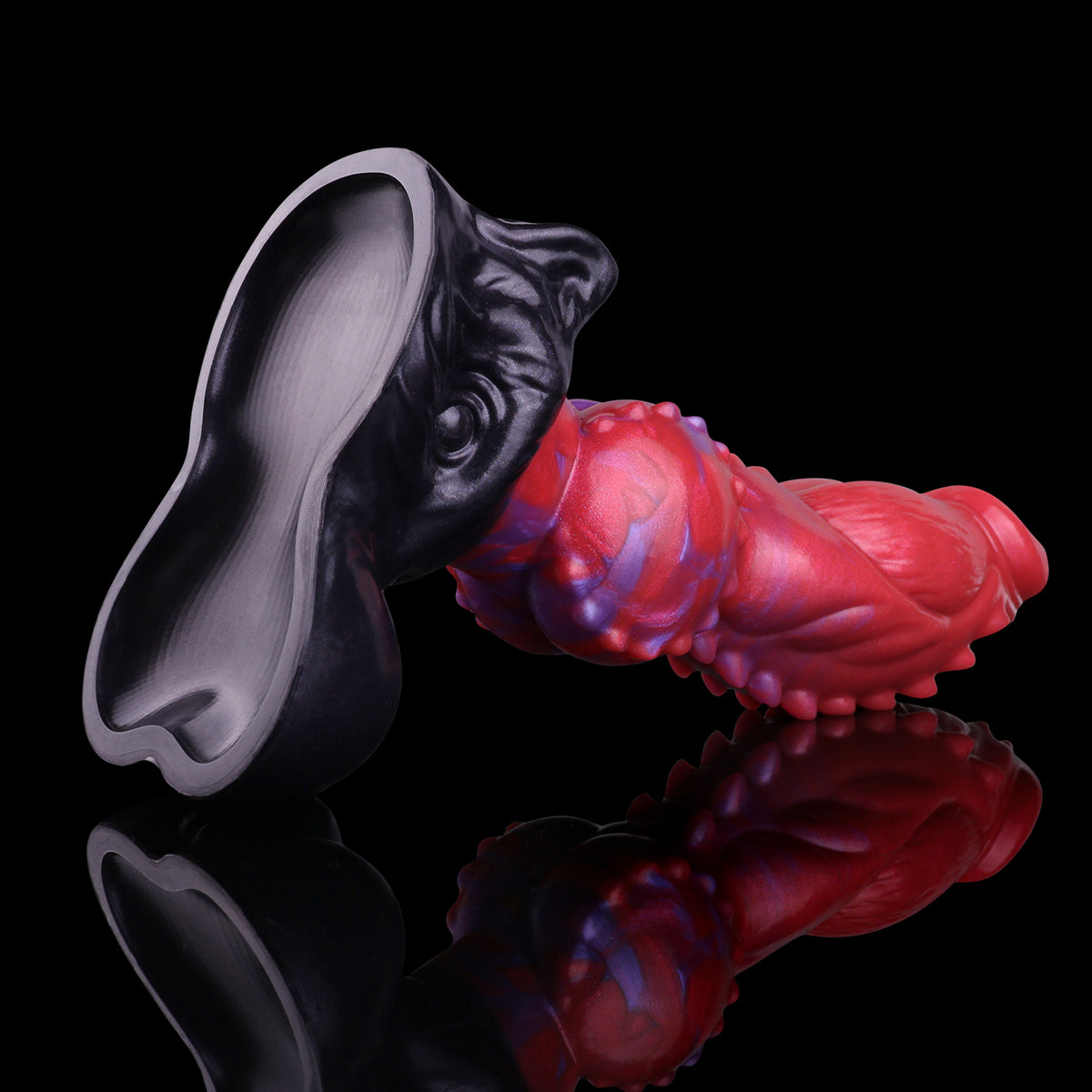 Crimson Beast — Fantasy Dog Dildo in Platinum Silicone, Red-Purple Marble, Barbed Shaft, Knot & Suction Base