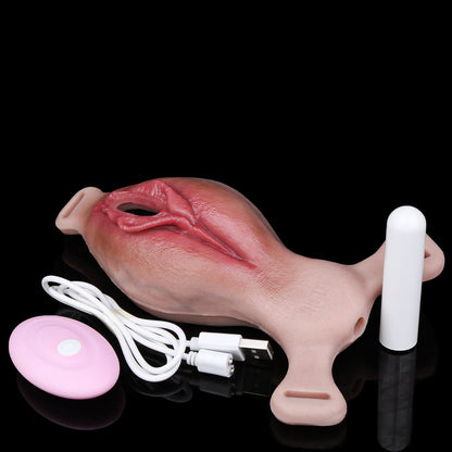 Body-Contour Fake Vagina Strap-On with Spiral Clitoral Stimulator — Platinum Silicone Wearable Vulva Massager with Remote Vibration for Solo & Couples Use