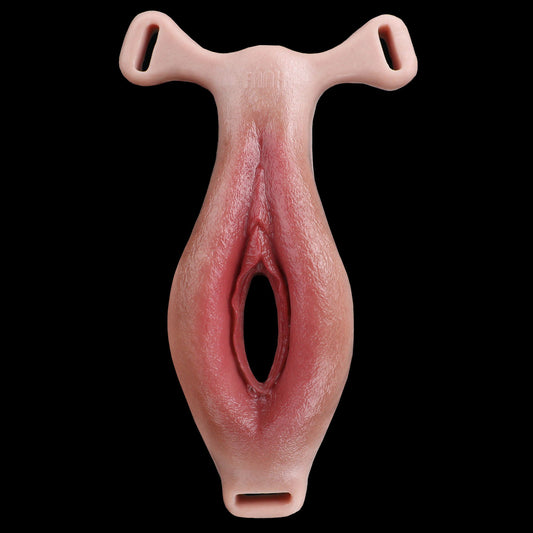 Realistic Vibrating Vulva Strap-On Massager — Dual-Stimulation Platinum Silicone Wearable Pussy Toy with Remote Control Vibration
