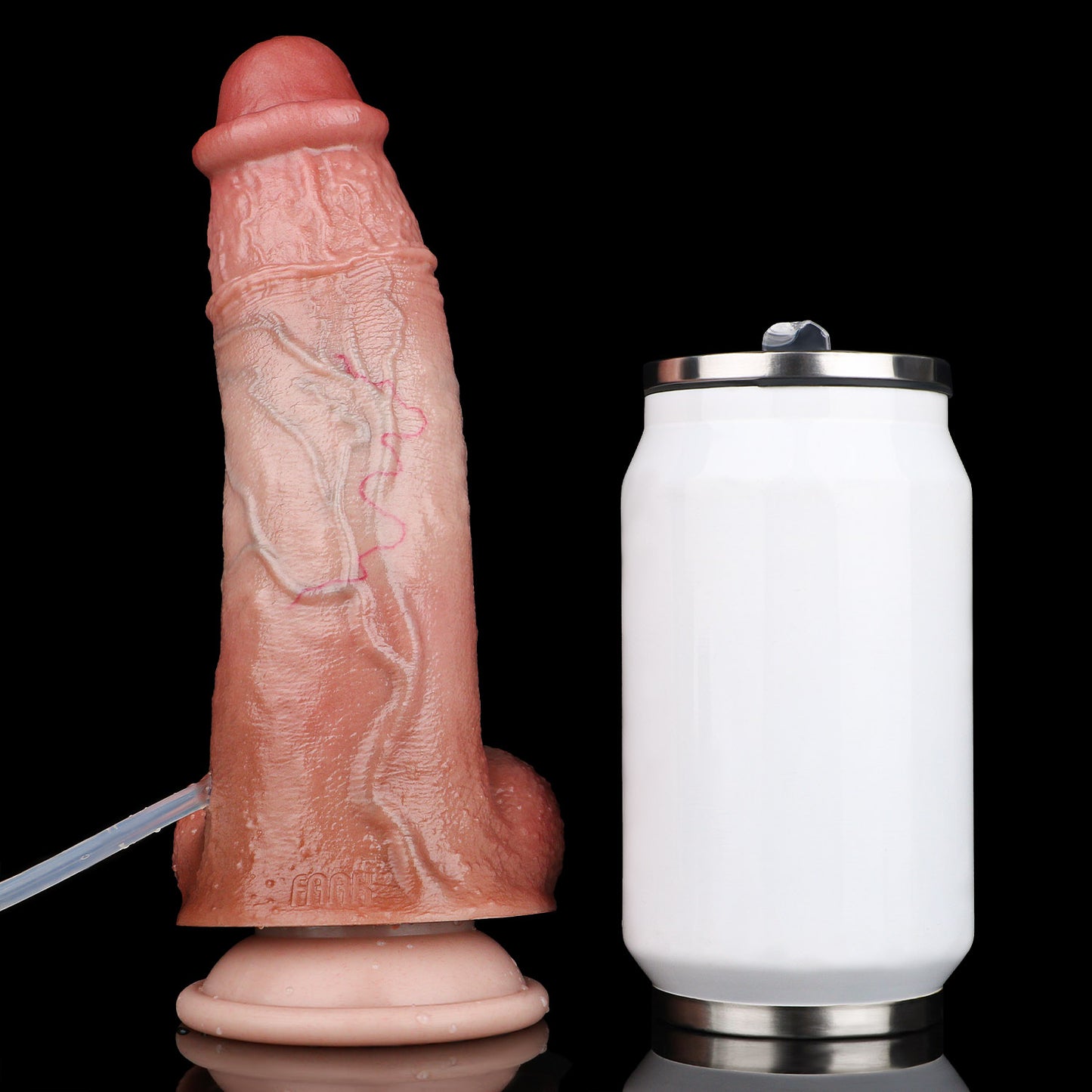 Large-Ball Squirting Dildo — Platinum Silicone, Coral-Rose Testicles, Full-Shaft Vein Texture & 3-Tool Ejaculation