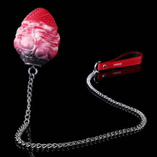 Dragon Scale Silicone Egg Anchor Plug & Restraint Gag with 304 Steel Leash & Red Leather Handle (M/L)