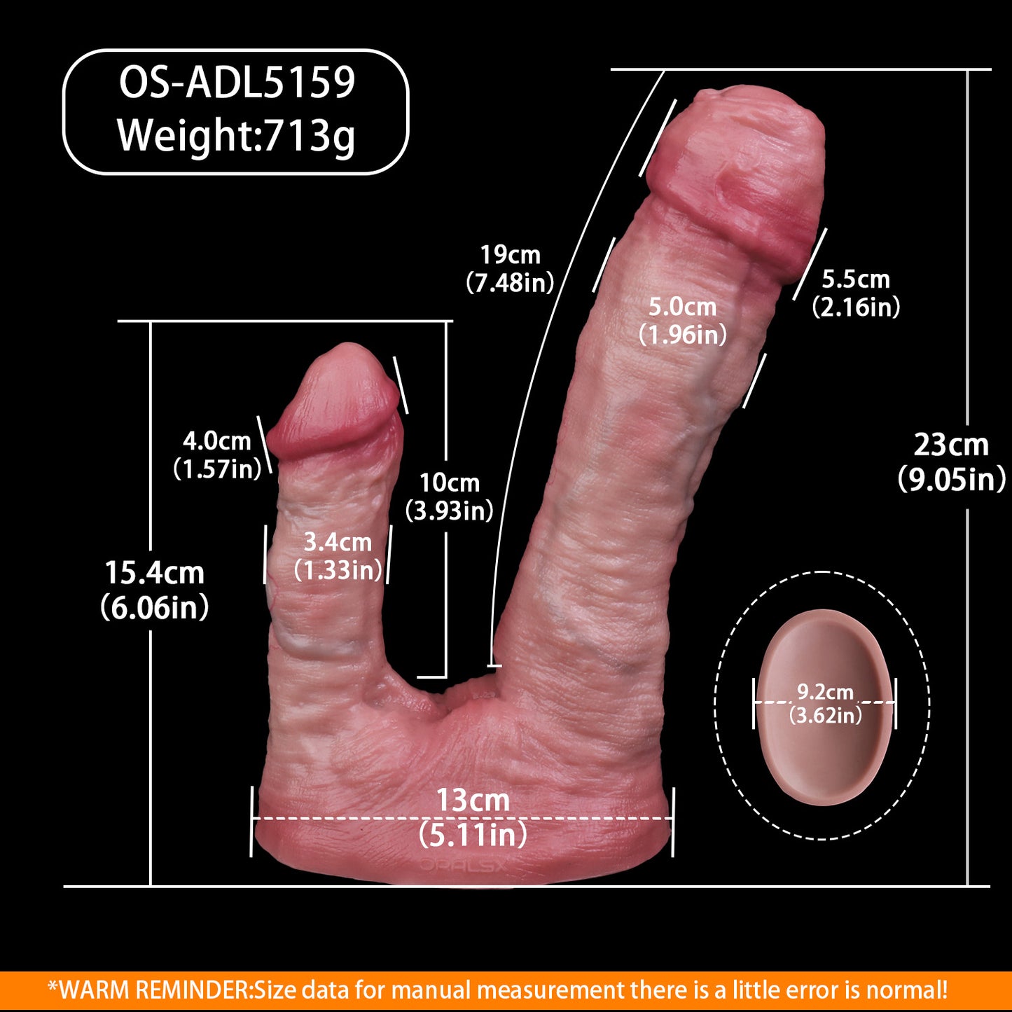 Bold & Petite Double Dildo — Dual-Layer Platinum Silicone DP Toy with Dramatically Different Shaft Sizes & Suction Base