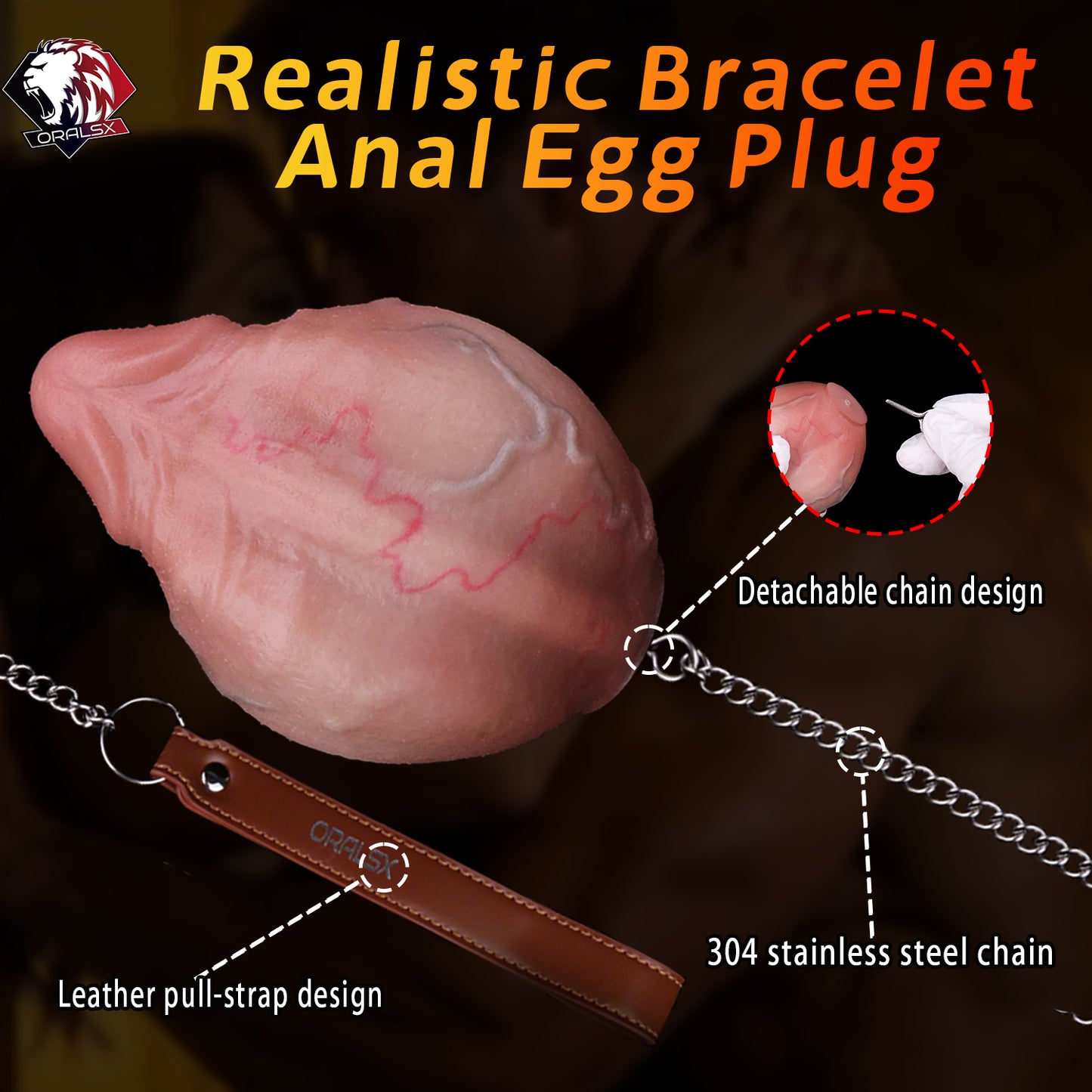 Realistic Silicone Anal Egg Plug with Steel Chain & Leather Strap – Multi-Use Butt Plug for Controlled Depth Play