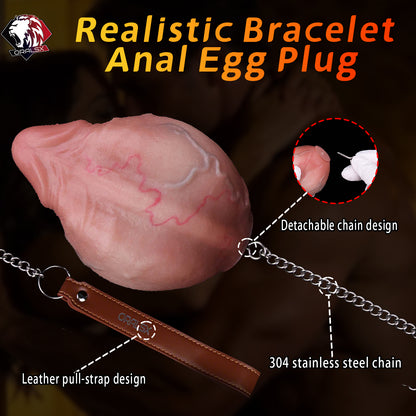 Realistic Silicone Anal Egg Plug with Steel Chain & Leather Strap – Multi-Use Butt Plug for Controlled Depth Play