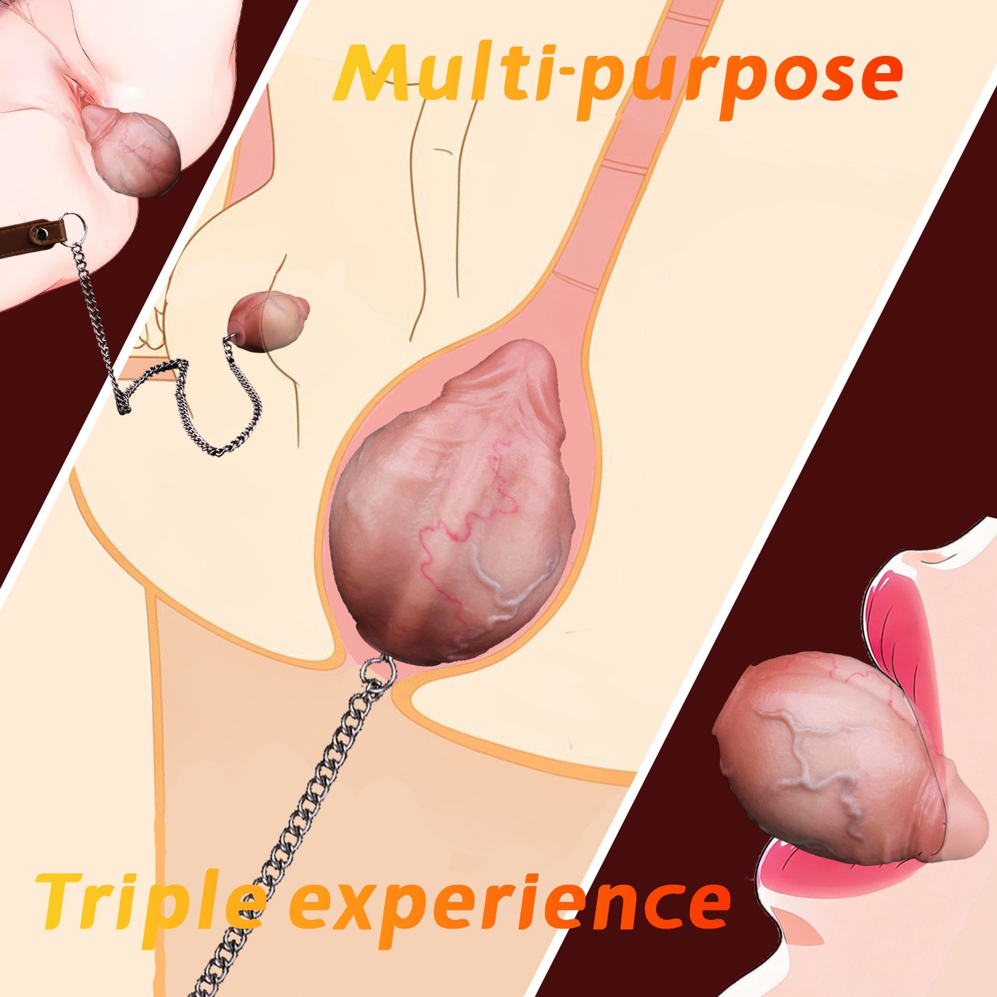 Realistic Silicone Anal Egg Plug with Steel Chain & Leather Strap – Multi-Use Butt Plug for Controlled Depth Play