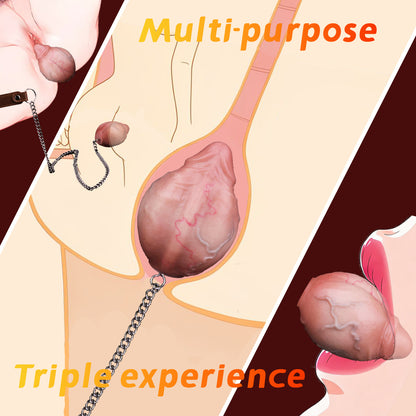 Realistic Silicone Anal Egg Plug with Steel Chain & Leather Strap – Multi-Use Butt Plug for Controlled Depth Play