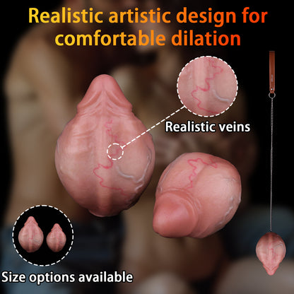 Realistic Silicone Anal Egg Plug with Steel Chain & Leather Strap – Multi-Use Butt Plug for Controlled Depth Play