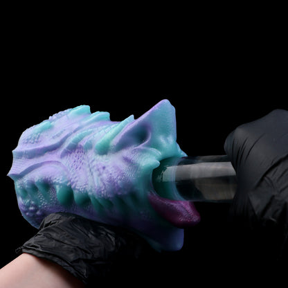 Dragon Mouth Pocket Pussy — Platinum Silicone Fantasy Dragon Masturbator in Teal & Purple with Scale Texture, Horns & Single-Channel Design