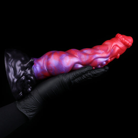 Void Hound — Fantasy Dog Dildo in Platinum Silicone, Electric Red-Violet Marble, Vein Texture, Nodule Clusters & Snarling Beast Base