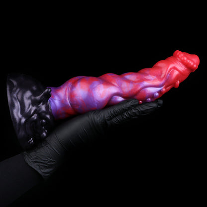 Void Hound — Fantasy Dog Dildo in Platinum Silicone, Electric Red-Violet Marble, Vein Texture, Nodule Clusters & Snarling Beast Base