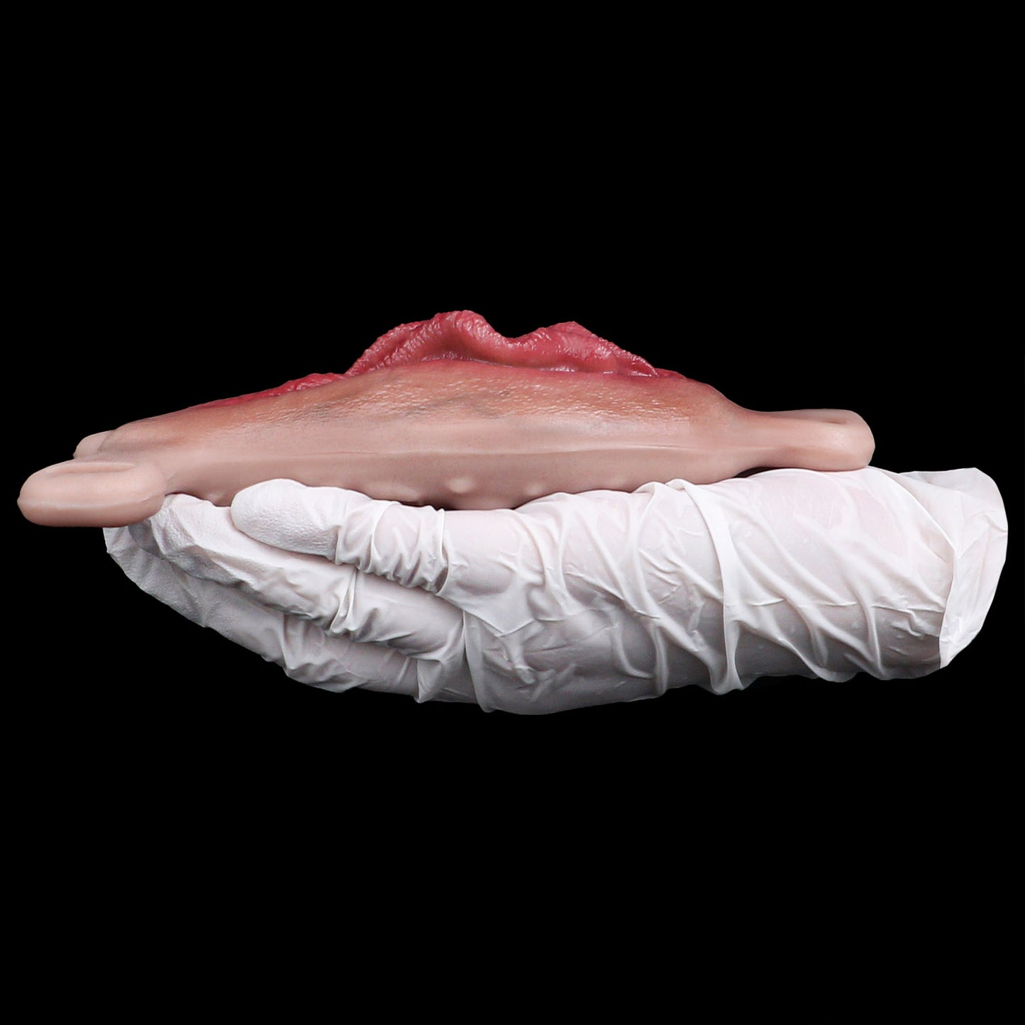 Closed Labia Fake Vagina Strap-On with Mouth & Tongue Stimulator — Platinum Silicone Wearable Vulva Massager for Solo & Couples Play