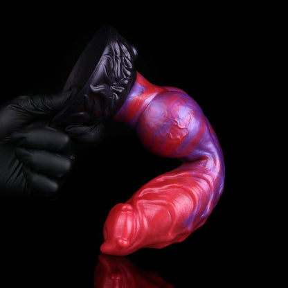 Scarlet Fang — Fantasy Dog Dildo in Platinum Silicone, Crimson-Violet Cloud Marble, Four-Nub Glans & Fur-Textured Suction Base