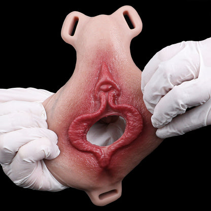 Open Labia Vibrating Fake Vagina Strap-On — Hyper-Realistic Platinum Silicone Wearable Vulva Massager with Remote Control & Dual Stimulation