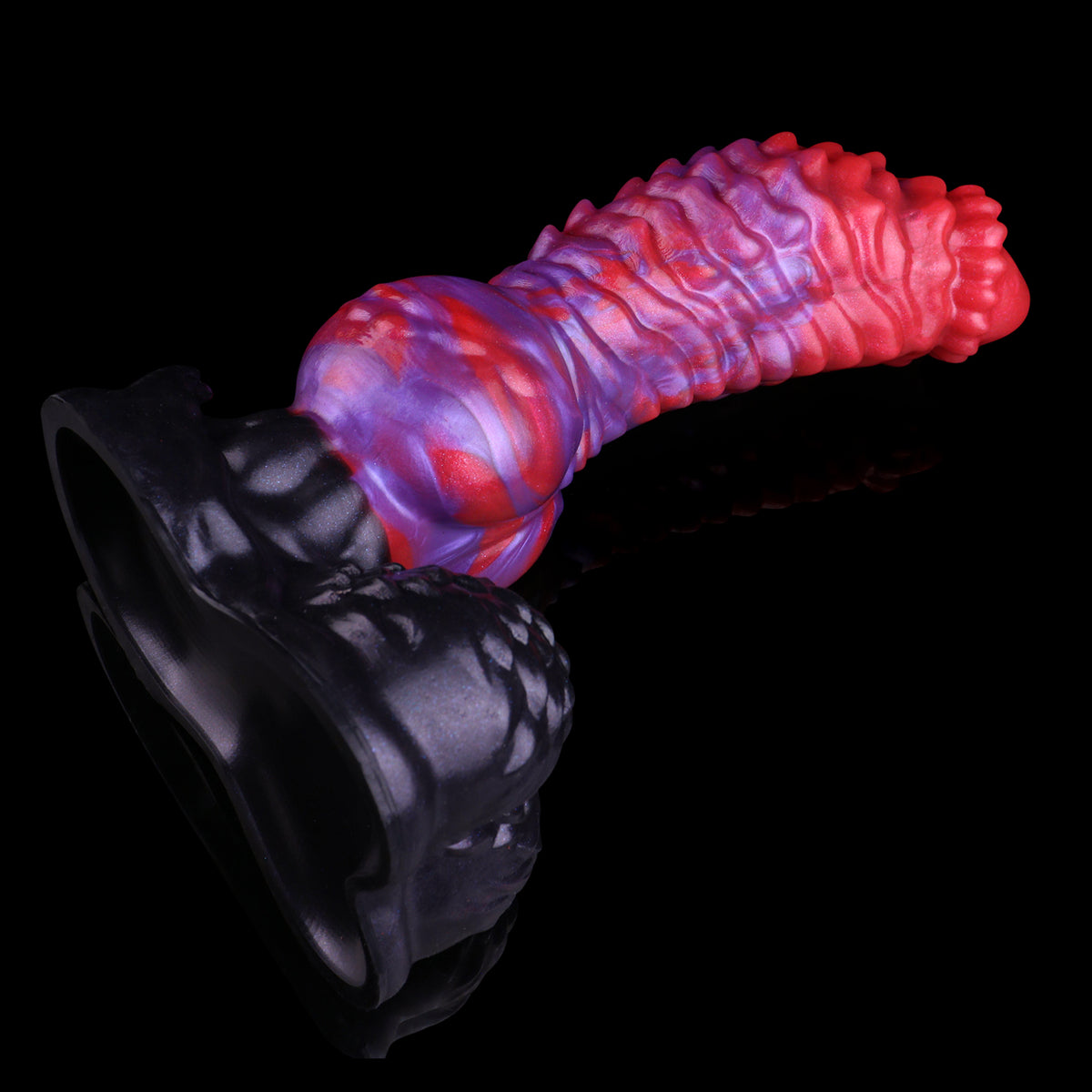Void Spine — Full-Coverage Textured Fantasy Dog Dildo in Platinum Silicone, Purple-Crimson Pearl Marble, Ringed Spine Shaft & Testicle Suction Base