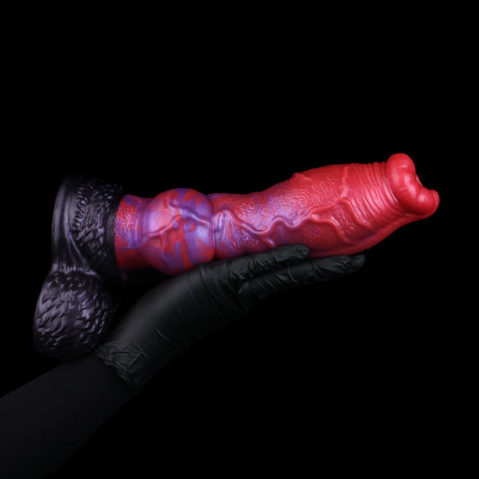 Crimson Bloom — Knotted Fantasy Dog Dildo in Platinum Silicone, Crimson-Violet Marble, Radial Petal Crown, Vein-Ridge Shaft & Plush Testicle Suction Base