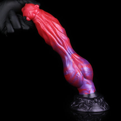 Scarlet Fang — Fantasy Dog Dildo in Platinum Silicone, Crimson-Violet Cloud Marble, Four-Nub Glans & Fur-Textured Suction Base