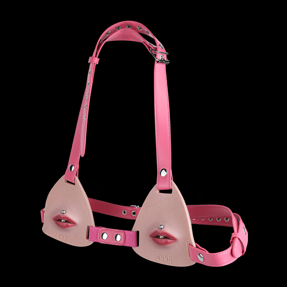 Pierced Lips Silicone Chest Harness — Hyper-Realistic BDSM Toys Body Strap with Removable Lip Studs & Leather Band