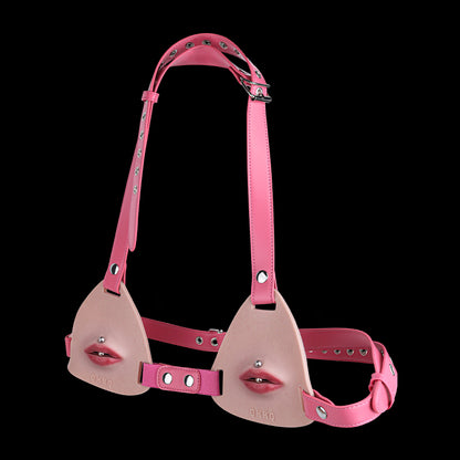 Pierced Lips Silicone Chest Harness — Hyper-Realistic BDSM Toys Body Strap with Removable Lip Studs & Leather Band