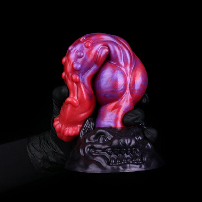 Void Hound — Fantasy Dog Dildo in Platinum Silicone, Electric Red-Violet Marble, Vein Texture, Nodule Clusters & Snarling Beast Base