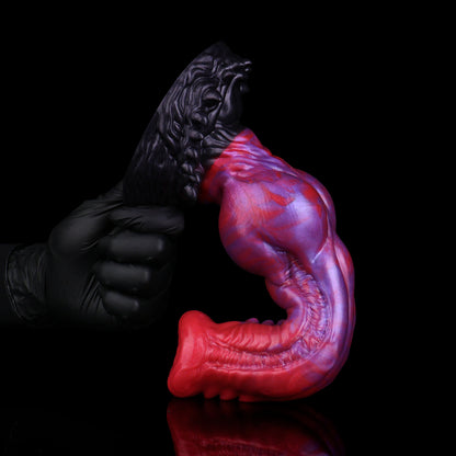 Void Fang — Curved Fantasy Dog Dildo in Platinum Silicone, Magenta-Violet Marble, Flared Trumpet Glans, Bilateral Spine Array, S-Curve Shaft, Ball Bulge & Fang-Crown Suction Base