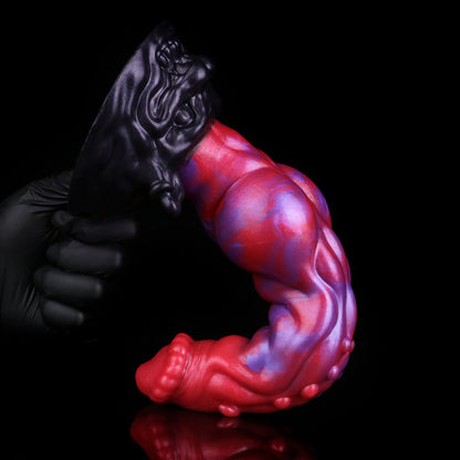 Void Hound — Fantasy Dog Dildo in Platinum Silicone, Electric Red-Violet Marble, Vein Texture, Nodule Clusters & Snarling Beast Base