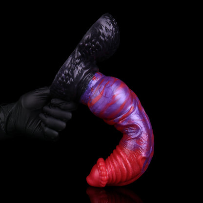 Scarlet Wraith — Knotted Fantasy Dog Dildo in Platinum Silicone, Crimson-Violet Marble, Nodule Corona, Rope-Twist Shaft, Wing Protrusions & Scale Testicle Suction Base