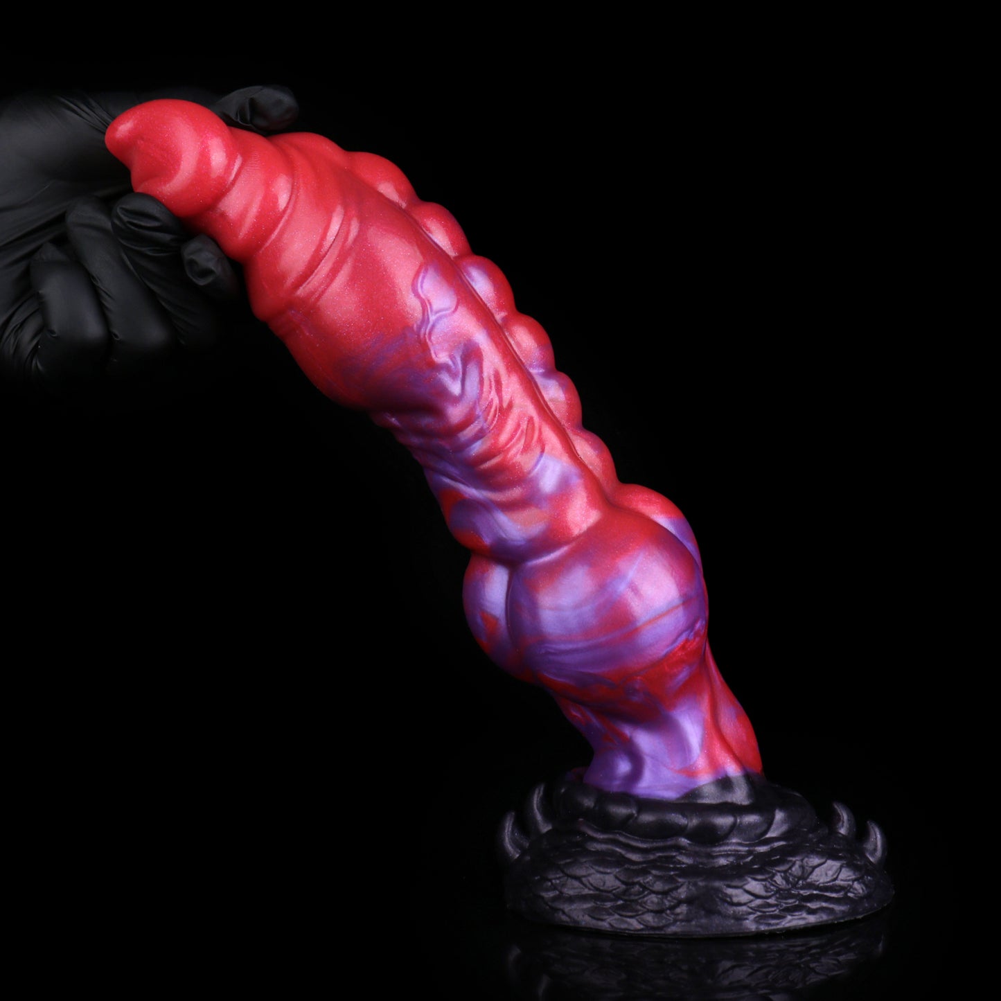 Crimson Coil — Fantasy Dog Dildo in Platinum Silicone, Red-Violet Pearl Marble, Segmented Glans, Ball-Row Shaft & Scale-Carved Suction Base