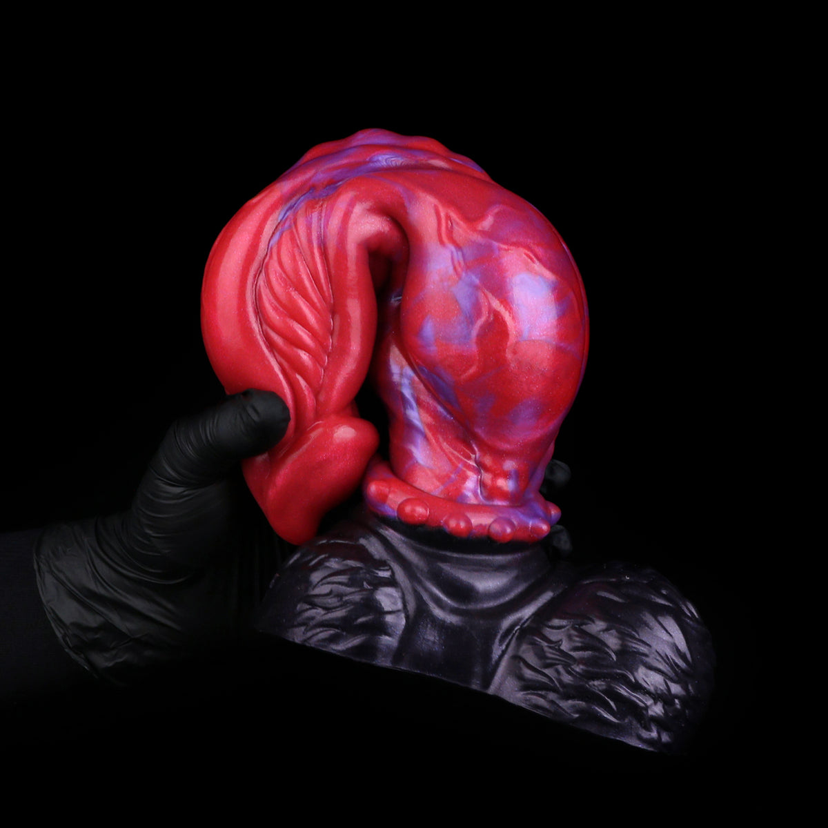 Obsidian Rift — Organic Muscle-Carved Fantasy Dog Dildo in Platinum Silicone, Crimson-Violet Marble, Spine Collar & Scale-Textured Testicle Base