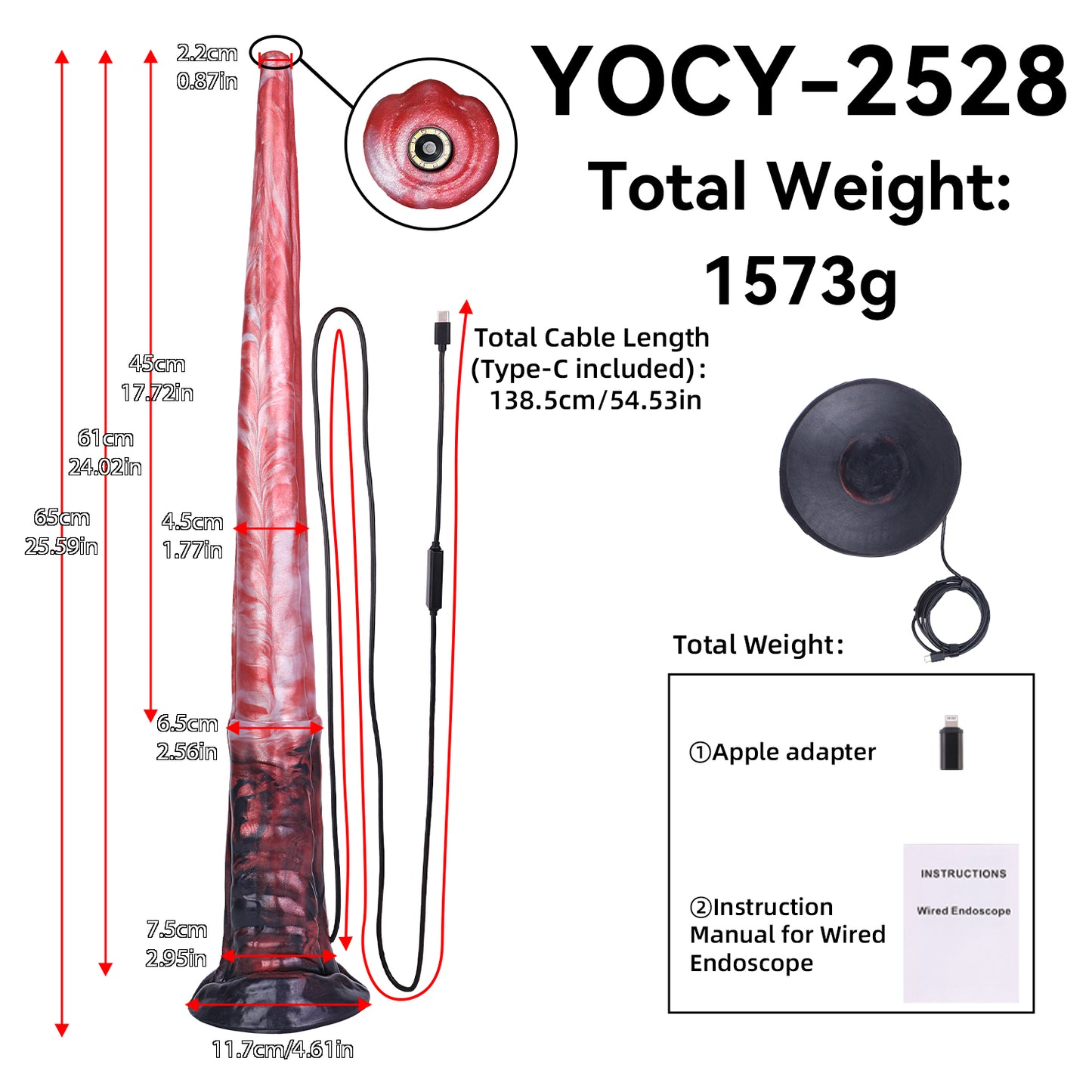 Deep Red Endoscopic Long Dildo — Platinum Silicone with Built-In HD Camera, 8-LED Ring, Suction Base & Tapered Depth Design