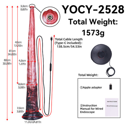 Deep Red Endoscopic Long Dildo — Platinum Silicone with Built-In HD Camera, 8-LED Ring, Suction Base & Tapered Depth Design