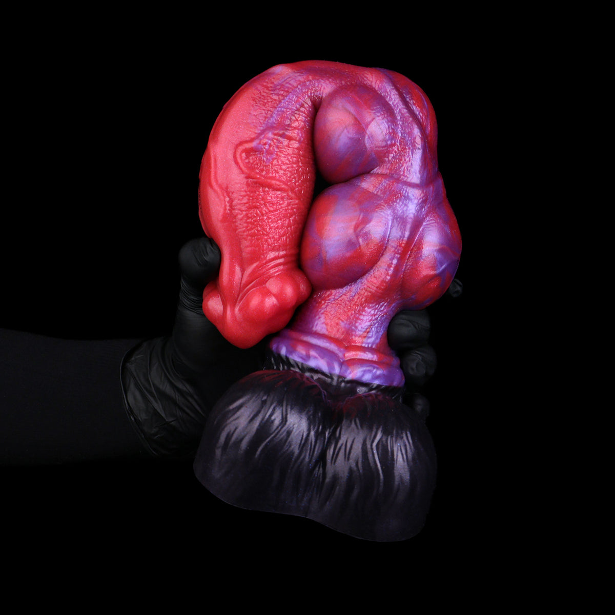 Scarlet Venom — Knotted Fantasy Dog Dildo in Platinum Silicone, Crimson-Violet Marble, Vascular Texture, Sarcoma Crown & Plush Testicle Suction Base