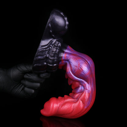 Inferno Drake — Fantasy Dragon Dog Dildo in Platinum Silicone, Red-Violet Marble, Dorsal Spine Barbs & Sculpted Base