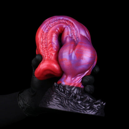 Void Fang — Curved Fantasy Dog Dildo in Platinum Silicone, Magenta-Violet Marble, Flared Trumpet Glans, Bilateral Spine Array, S-Curve Shaft, Ball Bulge & Fang-Crown Suction Base
