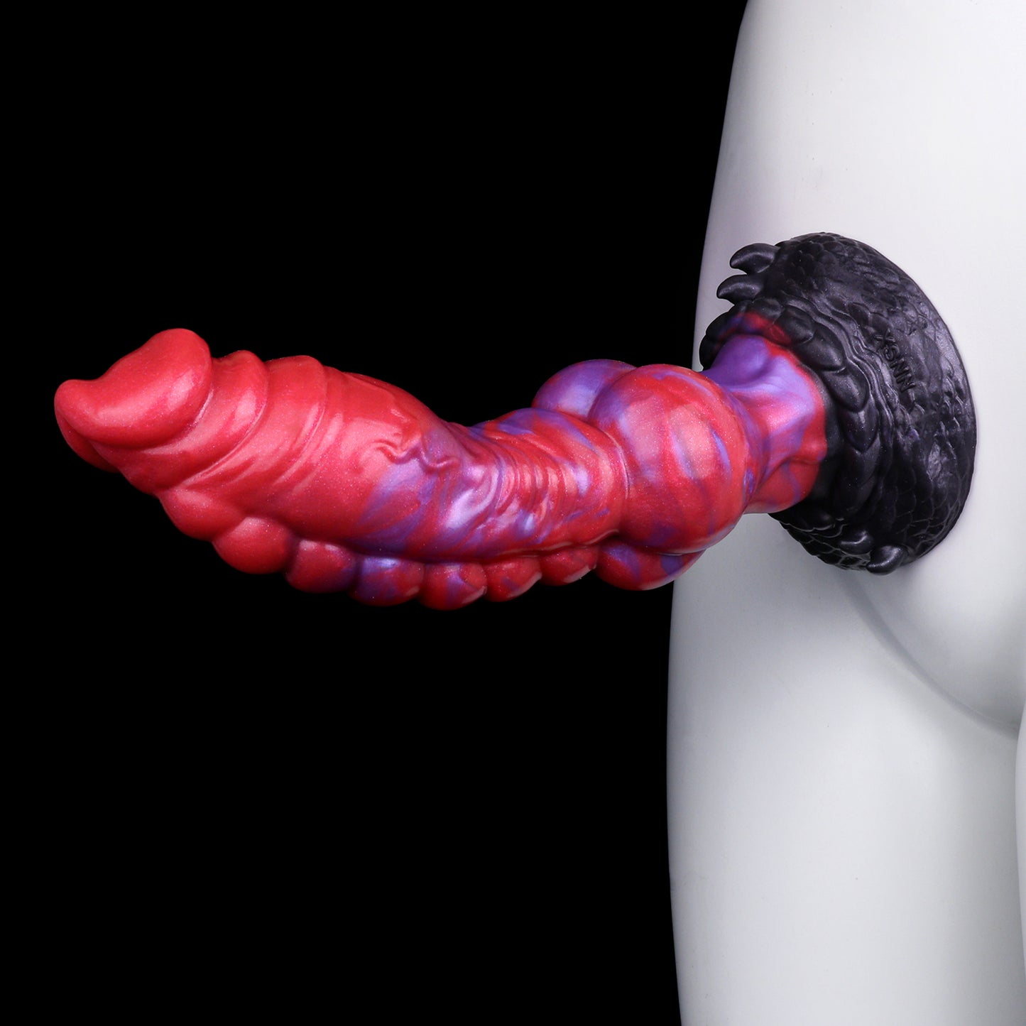 Crimson Coil — Fantasy Dog Dildo in Platinum Silicone, Red-Violet Pearl Marble, Segmented Glans, Ball-Row Shaft & Scale-Carved Suction Base