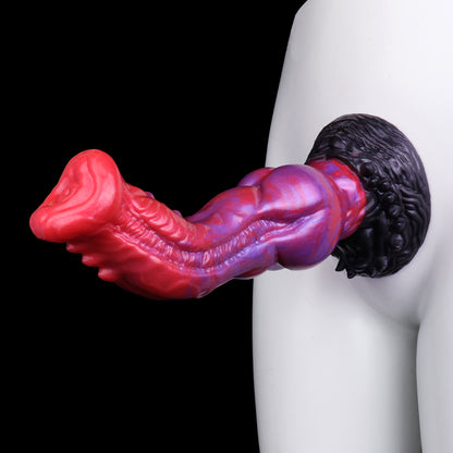 Void Fang — Curved Fantasy Dog Dildo in Platinum Silicone, Magenta-Violet Marble, Flared Trumpet Glans, Bilateral Spine Array, S-Curve Shaft, Ball Bulge & Fang-Crown Suction Base
