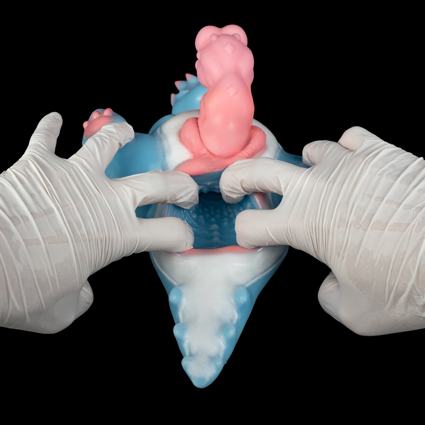 Jouet sexuel Pocket Dragon — Silicone platine, Bête fantastique bleue, Manche rose texturé et Canal de stimulation interne