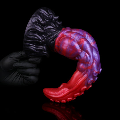Abyssal Coil — Octopus Tentacle Fantasy Dildo in Platinum Silicone, Crimson-Violet Marble, Sucker Array, Multi-Lobe Shaft, Knot & Tentacle-Crown Suction Base