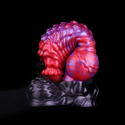 Void Spine — Full-Coverage Textured Fantasy Dog Dildo in Platinum Silicone, Purple-Crimson Pearl Marble, Ringed Spine Shaft & Testicle Suction Base