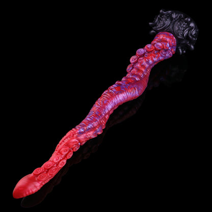 Abyssal Coil — Extra-Long Tentacle Fantasy Long Dildo in Platinum Silicone, Crimson-Violet Marble, Sucker Shaft & Kraken-Carved Suction Base