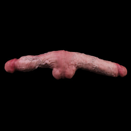 Symmetric Double Dildo with Centre Testicle — Realistic Platinum Silicone Dual-Ended Dildo with Twisted Vein Texture for Lesbian & Couples Play