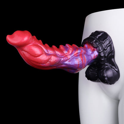Inferno Drake — Fantasy Dragon Dog Dildo in Platinum Silicone, Red-Violet Marble, Dorsal Spine Barbs & Sculpted Base