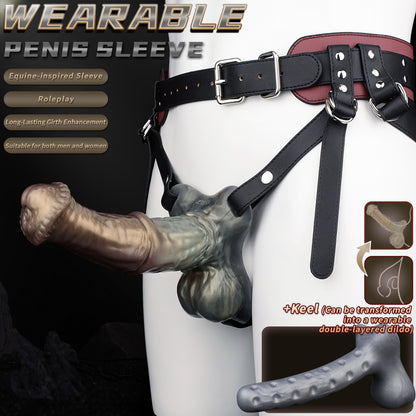 Wearable Leather Harness Penis Extender & Masturbation Cock Sleeve - Platinum Silicone Sex Toys for Men