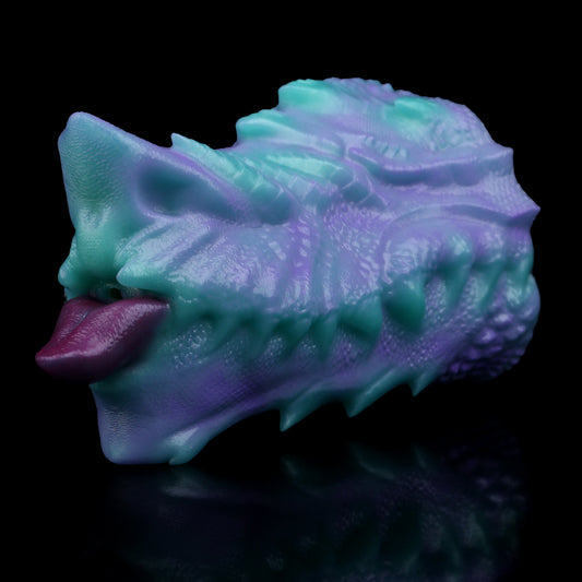 Dragon Mouth Pocket Pussy — Platinum Silicone Fantasy Dragon Masturbator in Teal & Purple with Scale Texture, Horns & Single-Channel Design